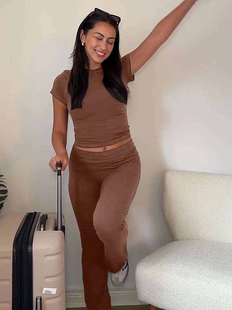 Women 2 Piece Lounge Sets Fold Over Short Sleeve Crop Top And Low Rise Flare Leggings Yoga Pants Set Tracuit