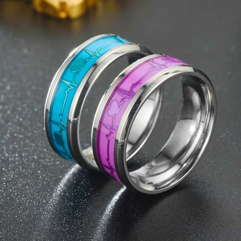 Luminous Stainless Steel Love Heart Couples Rings Glow In The Dark Fluorescent Anillos Wedding Band Finger Rings AccessoriesX240921