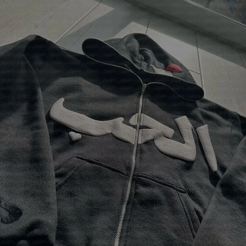 Y2K Letter Printed Hooded Sweatshirts High Street Long Sleeve Zip Up Hoodies Autumn Winter Retro Hip Hop Casual Jacket Coats 240921