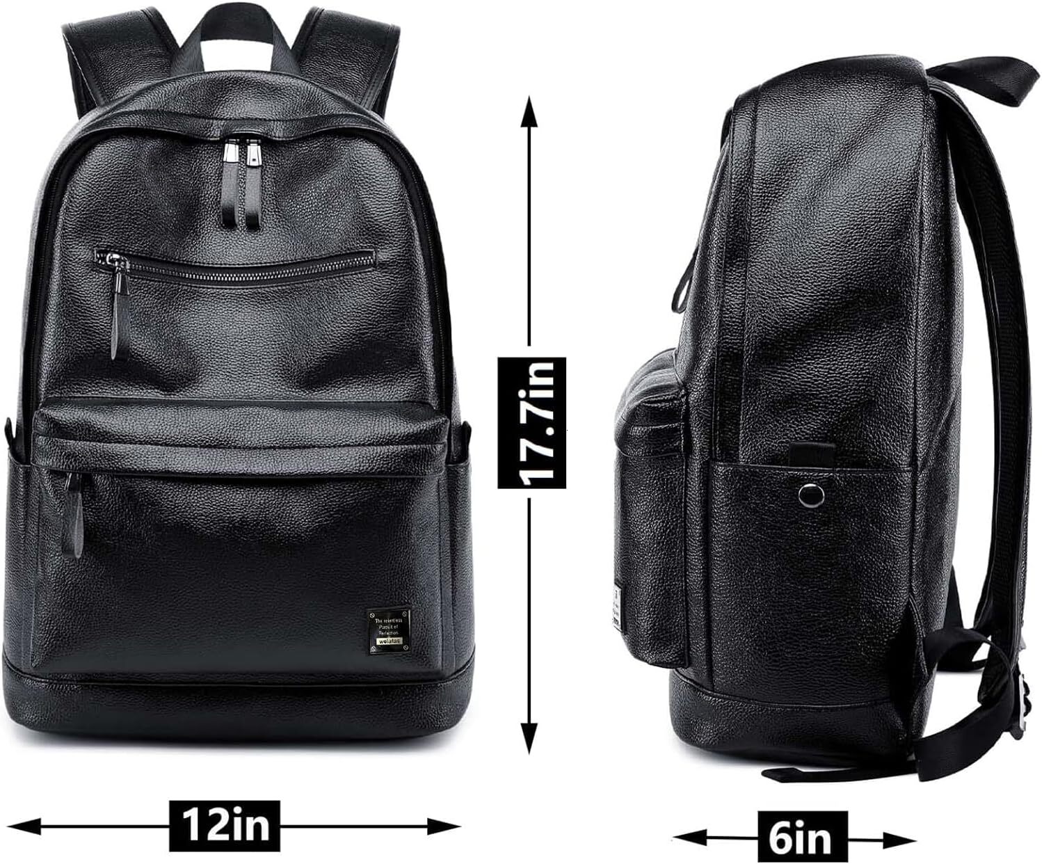 Black Leather Men Women Work Travel, Lightweight School Bookbag for College Students, Waterproof Casual Daypack Computer Backpack fits 15.6 Inch Lapto