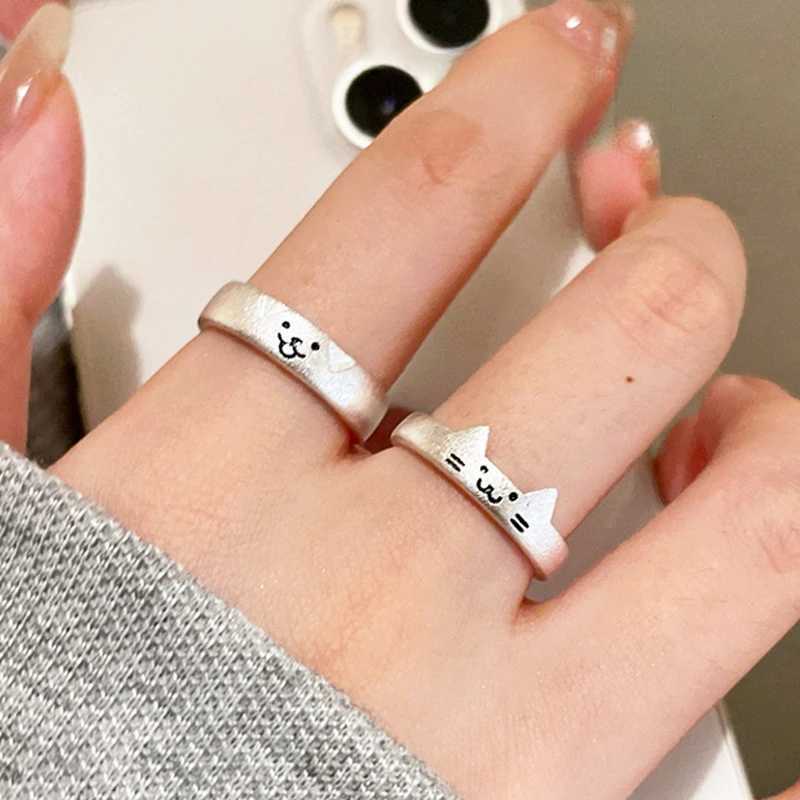 Cat Dog Couple Rings Cute Cartoon Sliver Color Ring for Women Men Adjustable Open Alloy Finger Rings Lovers Dating Jewelry GiftsX240921