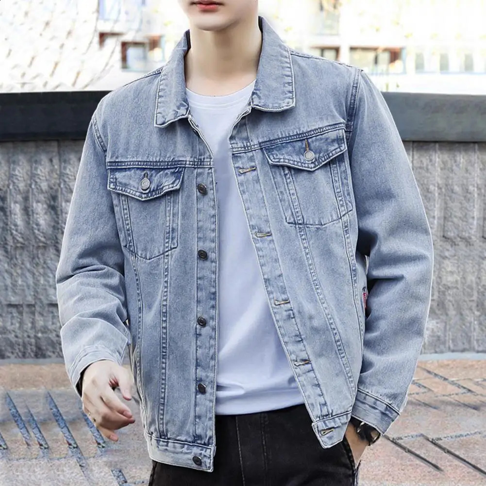 Denim jacket retro jumping style denim multiple pockets loose fit suitable for plus size mens street single breasted 240921