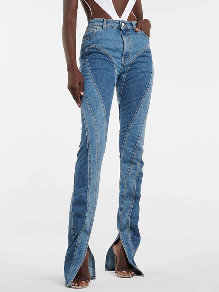 DEAT Fashion Womens Jeans Ultra Thin Deconstructed Panel Splicing Work High Waist Split Blue Long Spring Style 1DF2575 240921