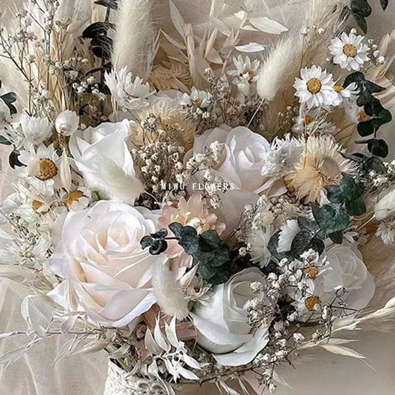 Dry Pampas Grass Wedding Bouquet Bridal Rose Artificial Boho Home Decoration 240919