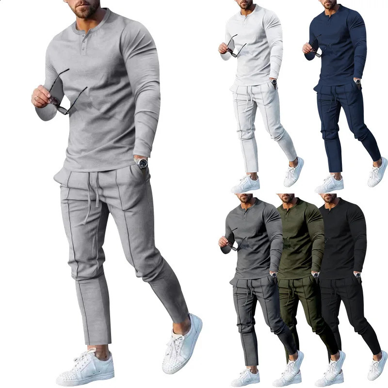 Autumn plus-size mens solid color Henry long sleeve pants suit trend 240918
