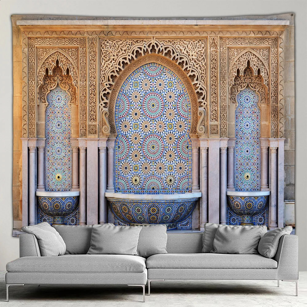 Moroccan architectural tapestry retro Islamic geometric pattern wall hanging Bohemian living room home decoration mural painting 240919