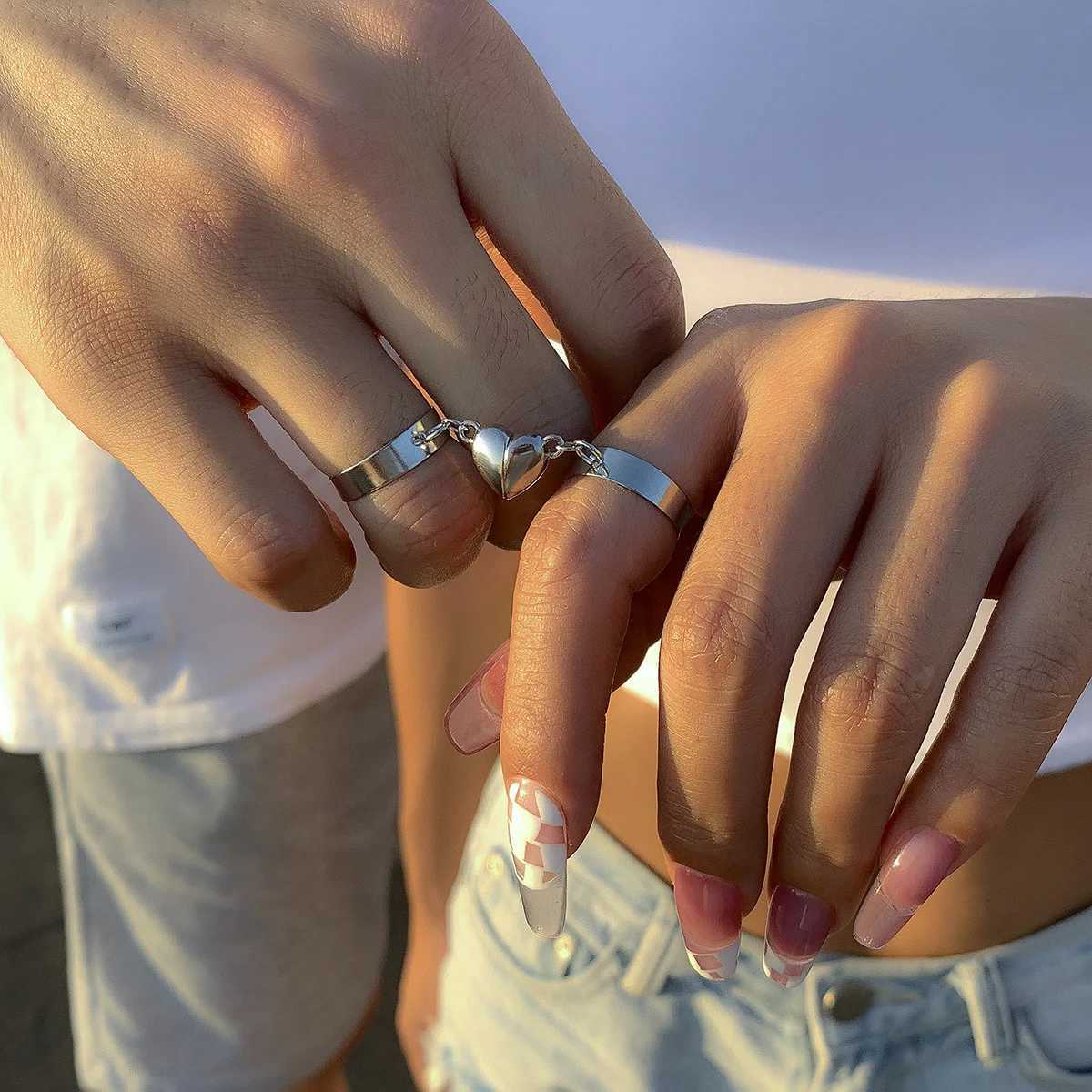 Charm Magnet Heart Couple Open Rings For Lover Creative Heart Attract Paired Adjustable Finger Ring Party Wedding Jewelry B233X240921