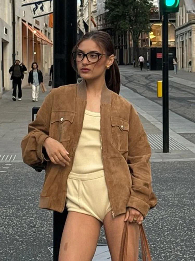 Vintage Chamois Jackets Casual Loose Womens Jacket Coats Autumn Simple Bomber Jackets with Pocket Fashion Women Outerwears 240918
