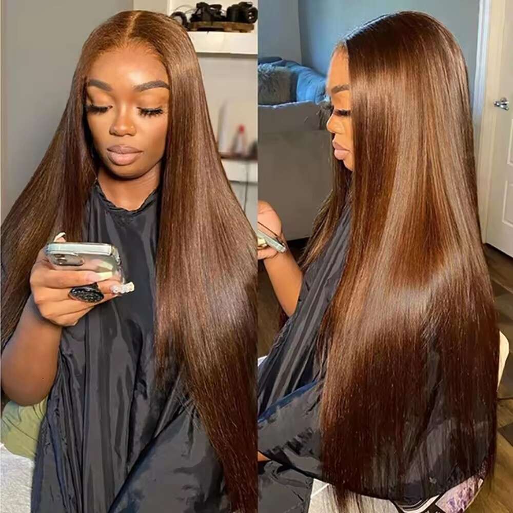 Glueless 100% #4 Chocolate Brown Ready To Wear Straight 4x4 Lace Front Human Hair Wig Colored Wigs For Women