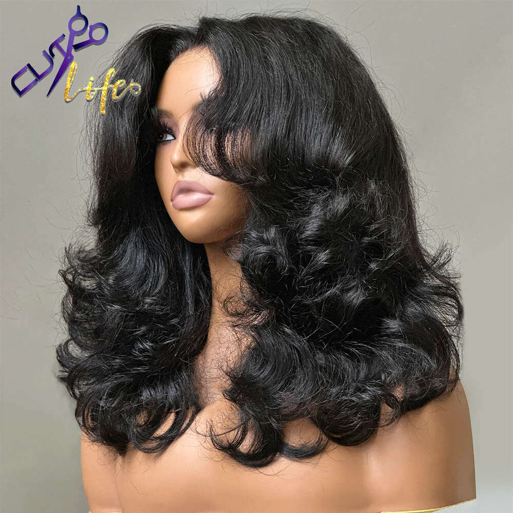 Wear To Go Inspired Layered Wig With Curtain Bang Wavy Light Yaki Straight 4x4 Lace Closure Human Hair Wigs 34 Inches Glueless