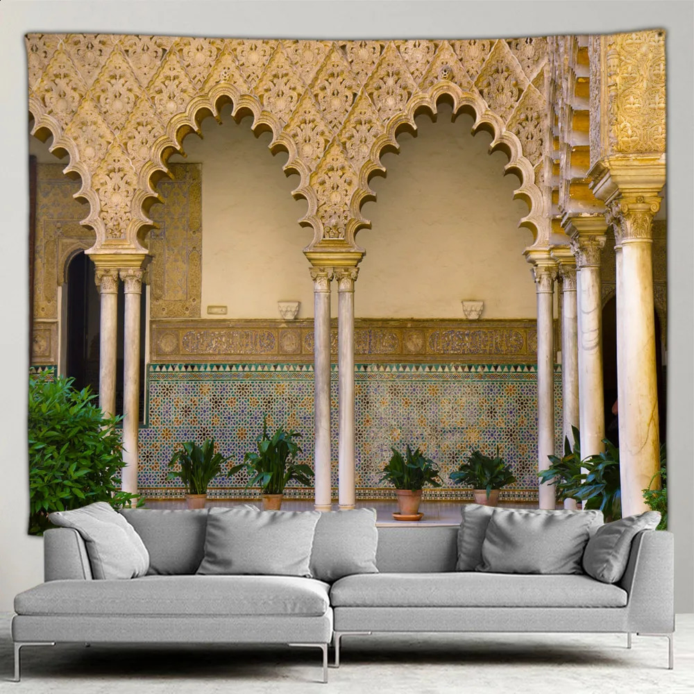 Moroccan architectural tapestry retro Islamic geometric pattern wall hanging Bohemian living room home decoration mural painting 240919