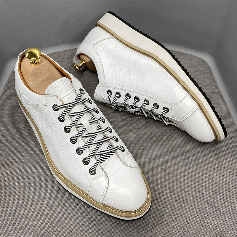 Classic Mens Casual Genuine Leather Lace-Up Fashion Sneakers Brand Alligator Print Street Travel Flat Shoes For Men