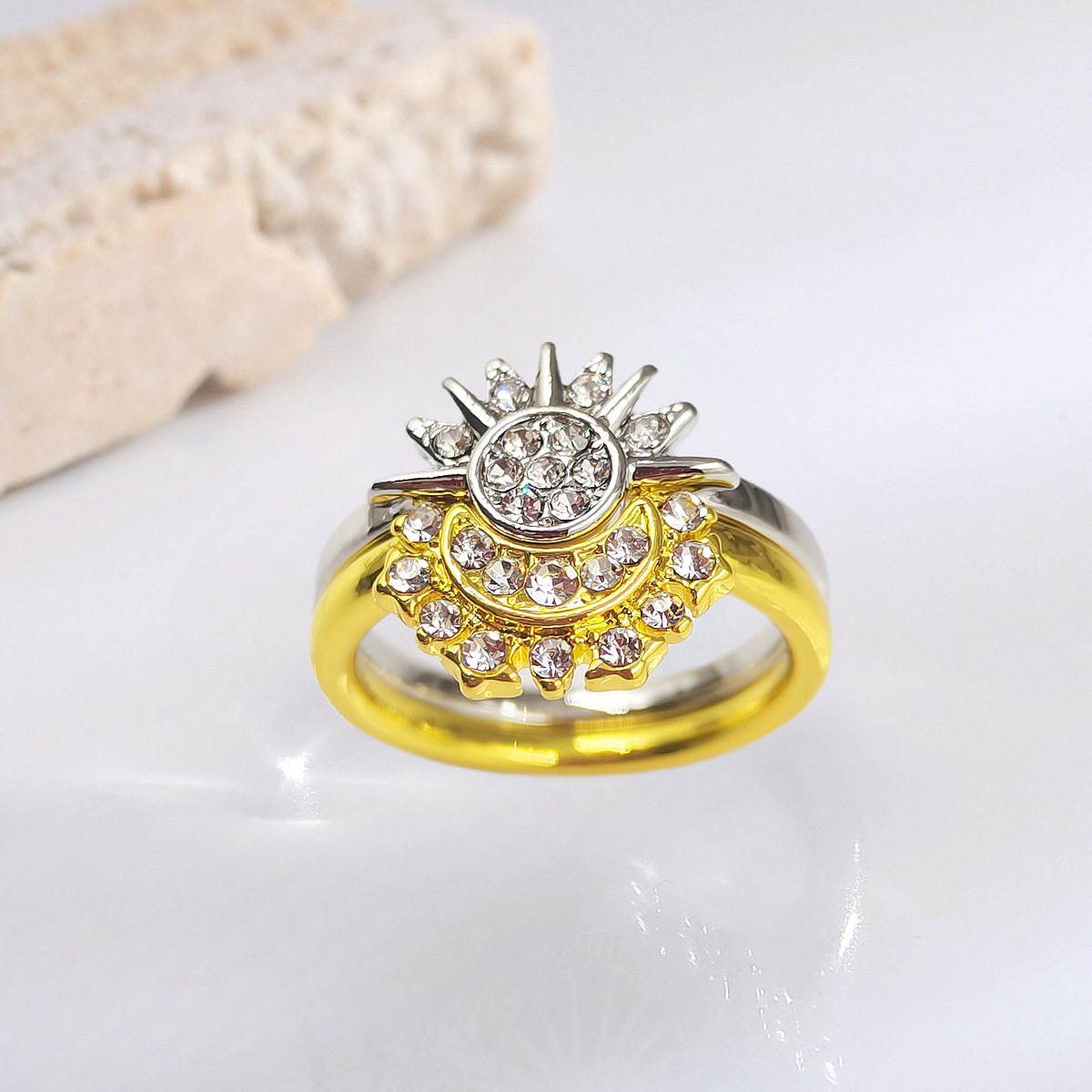 Simple sparkling sun moon blue diamond stacking celestial couple ring set with free shipping