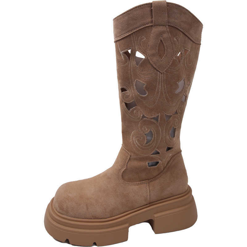 CMM British Knee High Thick Soled Long Boots for Women New Spring and Autumn Height Increasing Hollow v Neck Knight Boots
