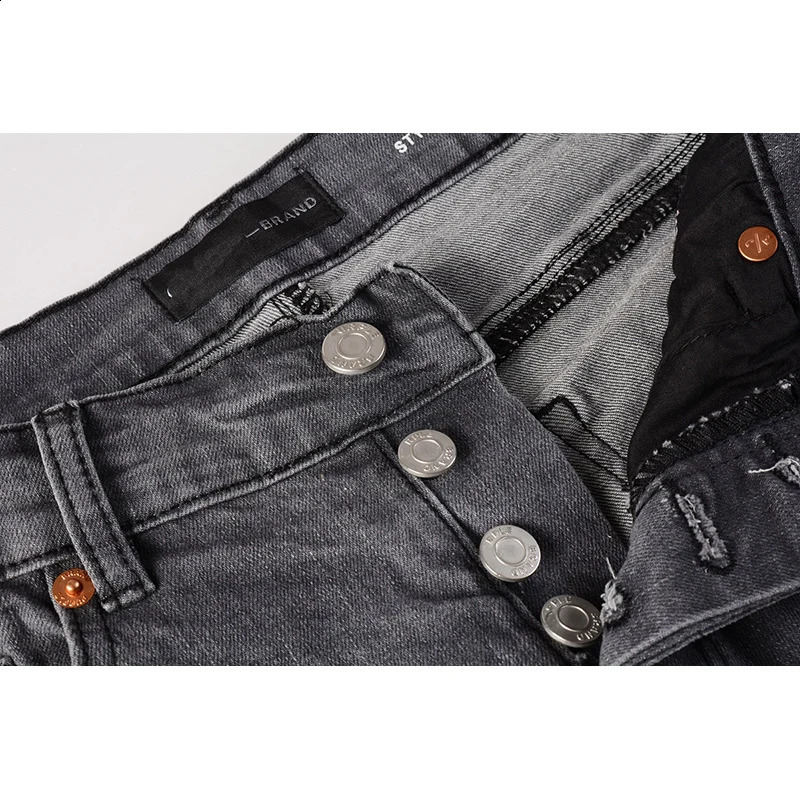 Summer Distressed Gray Streetwear Button Fly Ripped Holes Painted High Stretch Skinny Scratched Jeans Pants 240918