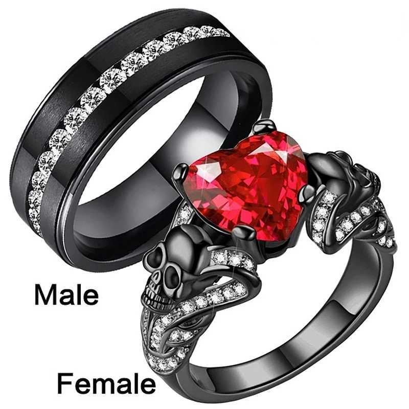 Luxury couple ring sweet love heart-shaped womens ruby ring and black mens Engagement Wedding RingX240921
