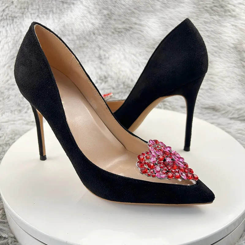 12cm womens high heels black velvet high heels party shoes nightclub shiny diamond square buckle black satin single shoes 240919