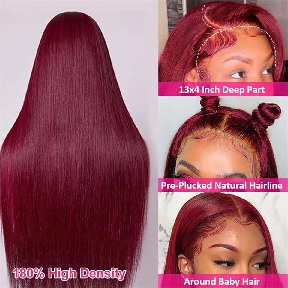 99j Straight 13x4 Front HD Lace Bury Red Color Glueless Wigs Human Hair 100% PrePluckd For Black Women