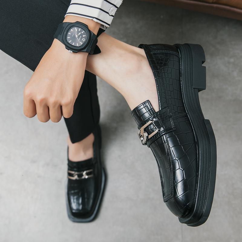 2024 Italy Black Leather Slip-On Oxford Dress Men Square Head Footwear Casual Party Shoes Thick Bottom Loafers