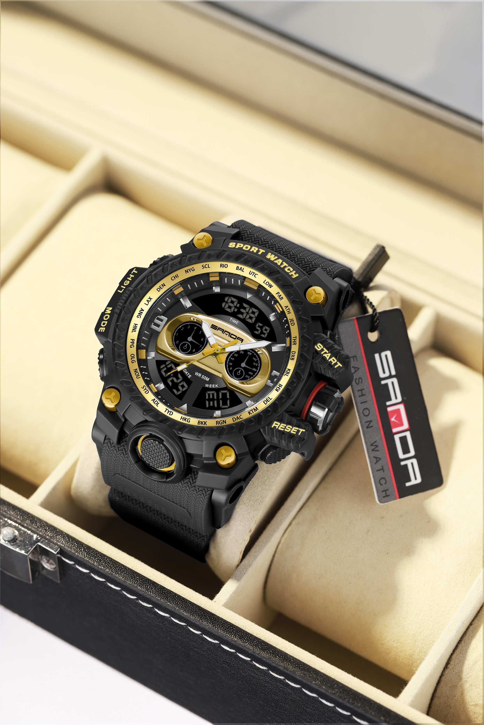 SANDA 3153 Men's Watch Sports Military Quartz Watch 50M Waterproof Dual Display Digital Watch, Suitable for Men's Relogio Masculino 12
