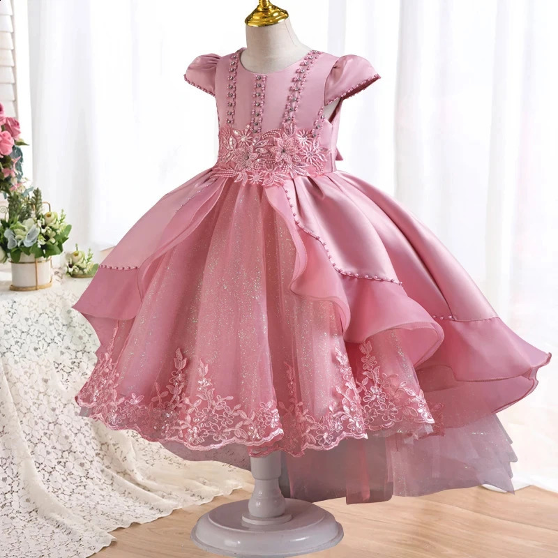 Girls pearl birthday bead flower tail fluffy dress 4-12-year-old girl embroidery sequin wedding girl princess dress 240920