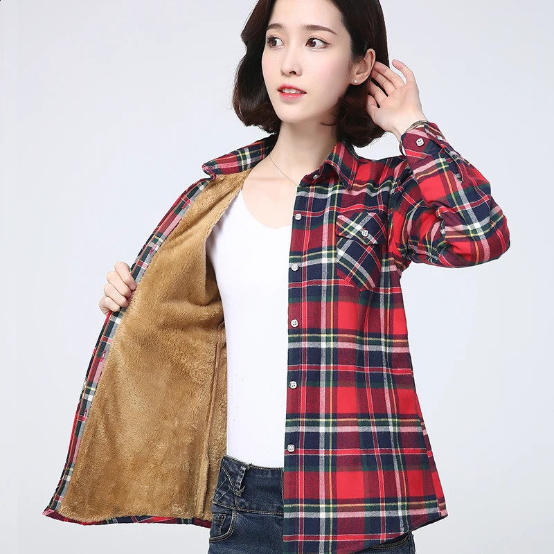 2023 Winter Plus Thick Womens Warm Plaid Shirt Coat Lady Casual Fleece Velvet Jacket Tops Women Clothes Outerwear 240919