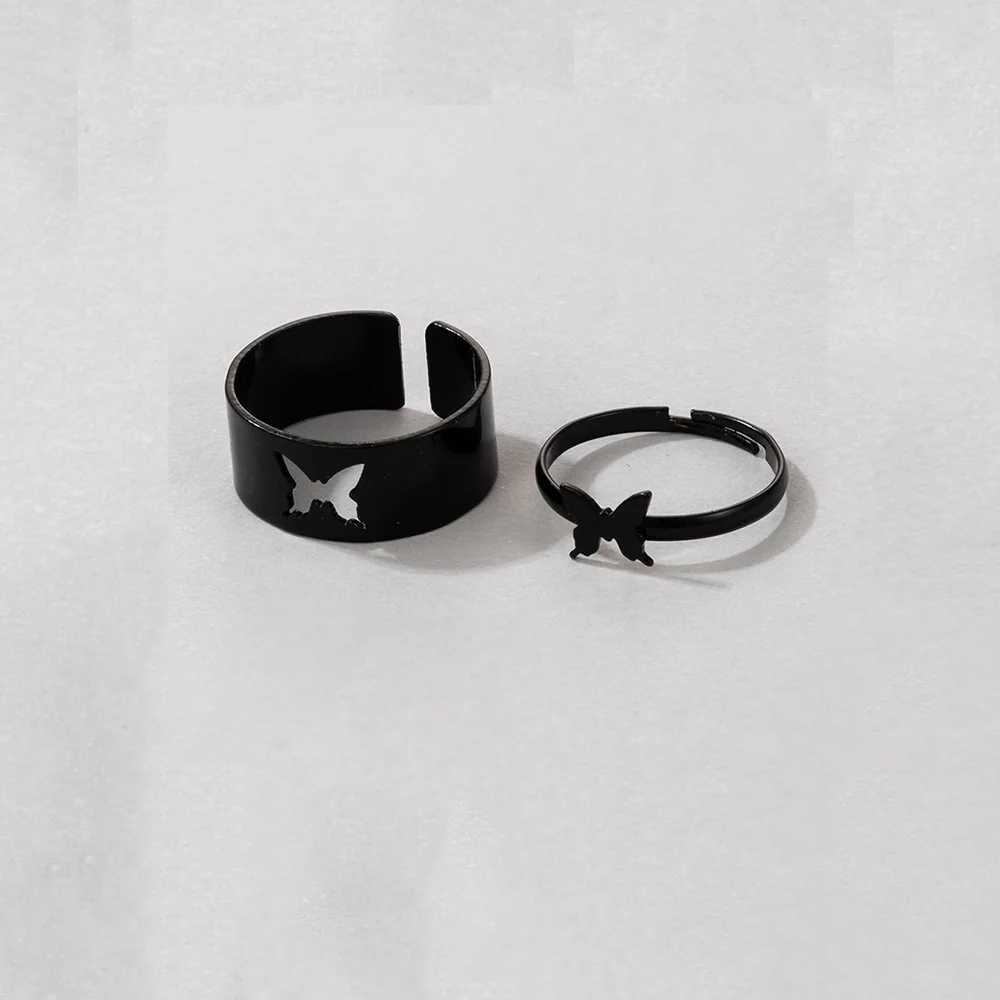 Vintage Simple Animal Butterlfly Star Moon Heart Open Rings For Women Girls Gothic Jewelry 2PCS Punk Black Couple Ring SetX240921