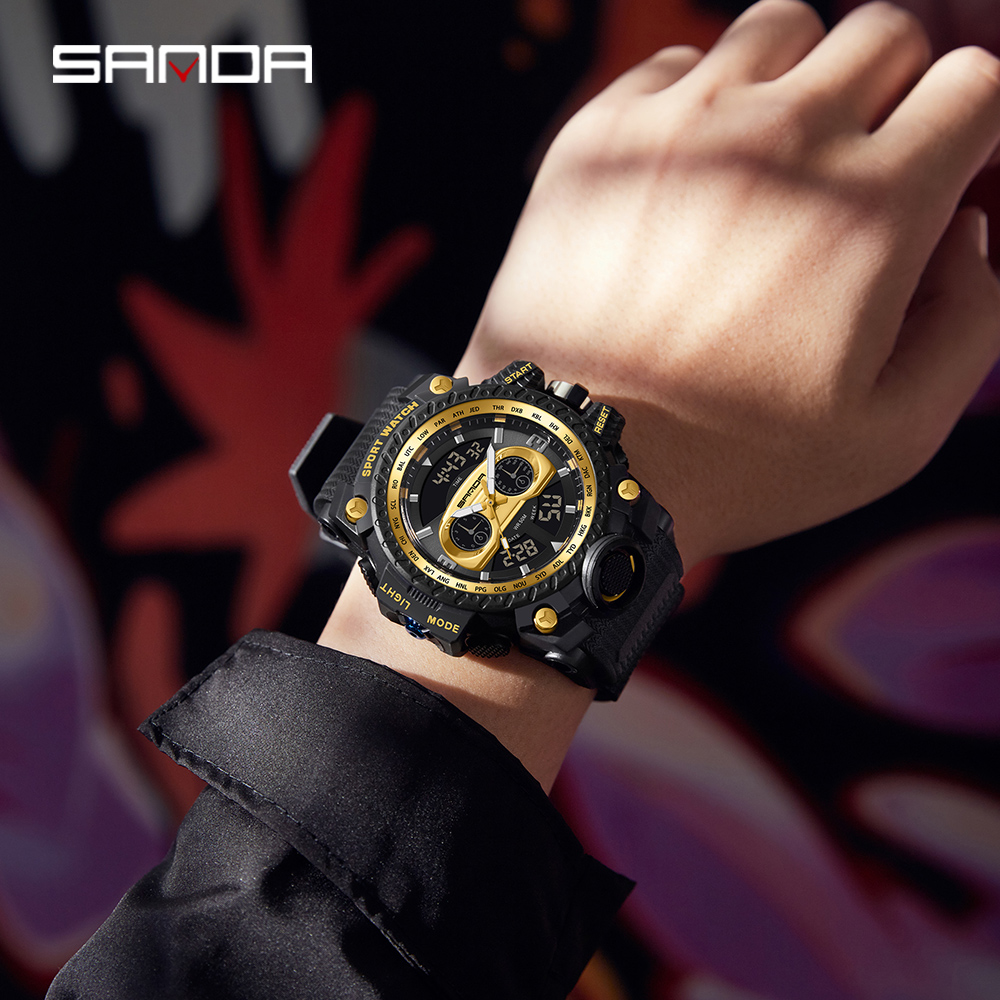 SANDA 3153 Men's Watch Sports Military Quartz Watch 50M Waterproof Dual Display Digital Watch, Suitable for Men's Relogio Masculino 12