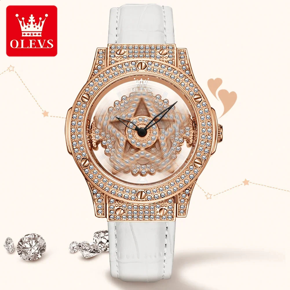 OLEVS Diamond Watch for Women Waterproof Breathable Leather Strap Female Pentacle Snowflake Rotates the Dial Quartz Watch 240909