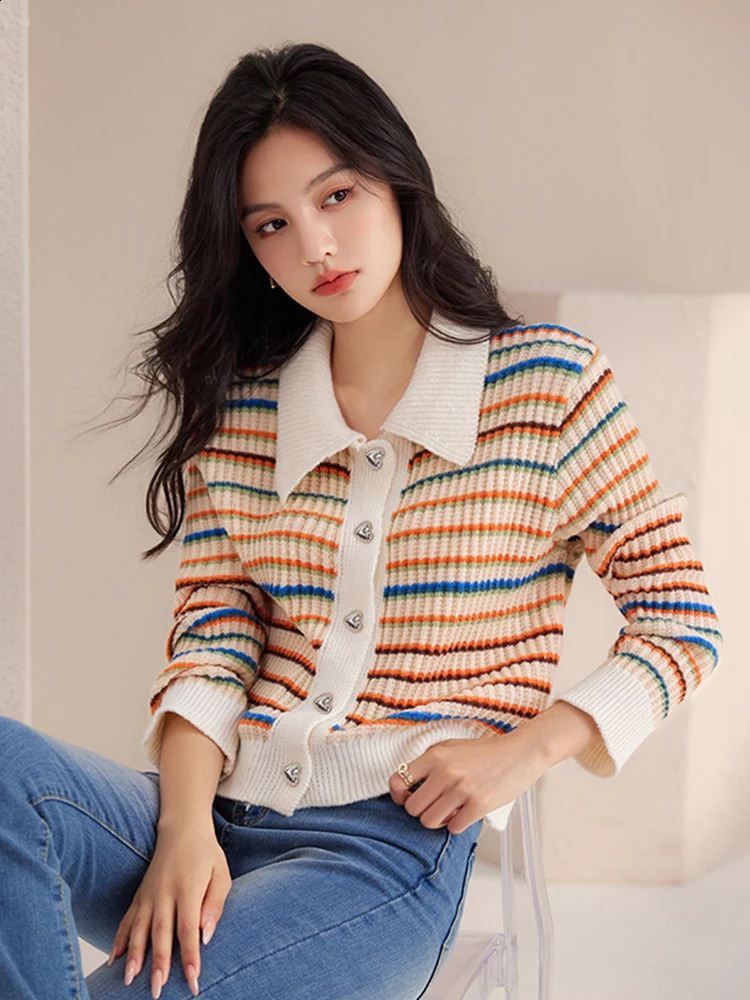 Vintage Color Blocking Rainbow Striped Sweater Womens Loose-fit Turn-down Collar Knitted Top Autumn Harajuku Casual Cardigan 240912
