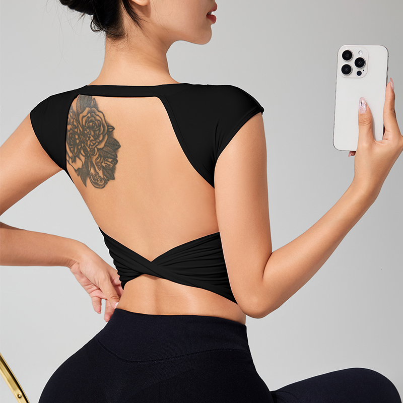 Springsummer Yoga Sleeved Women's Fixed Chest Cushion Sexy Open Back Short Sports T-Shirt With Waist Wrap Fiess Tank Top