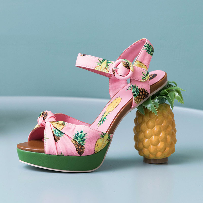 Phoentin Pineapple High Heels Buckle Strap Sandals 2023 Pink Printed Peep-Toe Pumps Summer Platform Shoes Women Novelty Ft919