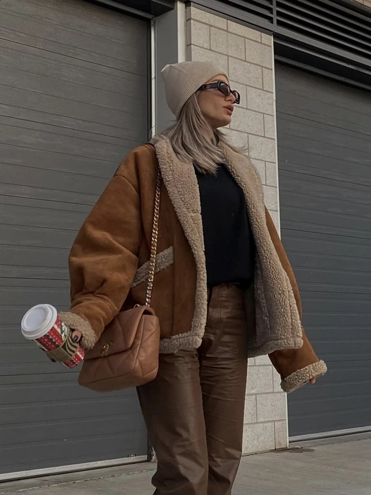 Thick Warm Faux Suede Fur Jacket Parka Winter Women Vintage Shearling Sheepskin Retro Female Loose Single Breasted Lamb Fur Coat 240919