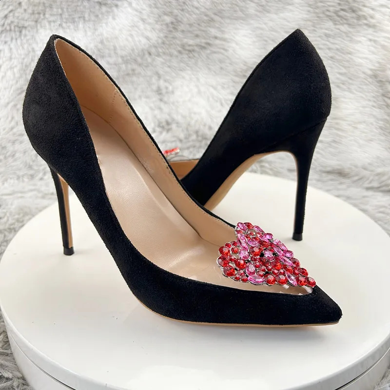 12cm womens high heels black velvet high heels party shoes nightclub shiny diamond square buckle black satin single shoes 240919