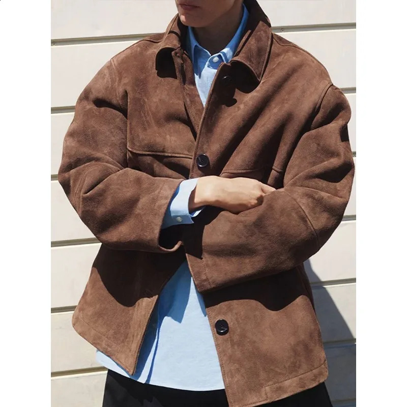 Retro Brown Suede Leather Blazer Lapel Casual Single Breasted Loose Pocket Women Jacket 2024autumn Fashion Commute Street Coats 240921
