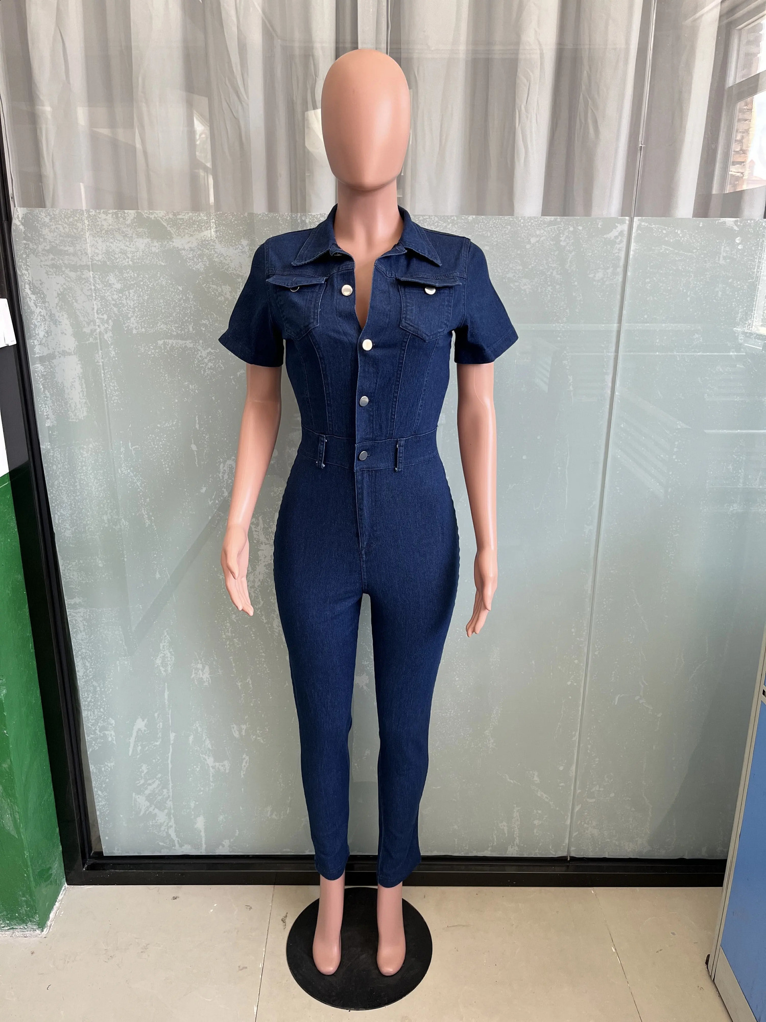 Sexy Women Jeans Stretch Romper Turn Down Collar Elegant Blue Denim Casual Jumpsuit Overalls 240921