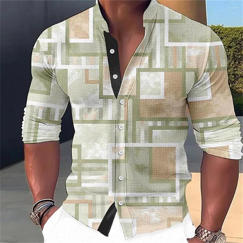 Men's Casual Shirts Stand Up Neck Shirt Square Pattern Printed Button Long Sleeved Street Outdoor Top Plus Size