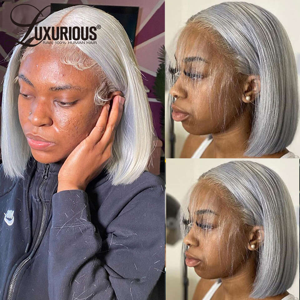 URIOUS Sliver Grey Short Bob Human Wigs For Women 13x4 Transparent Lace Frontal Straight Brazilian Remy Hair Wig