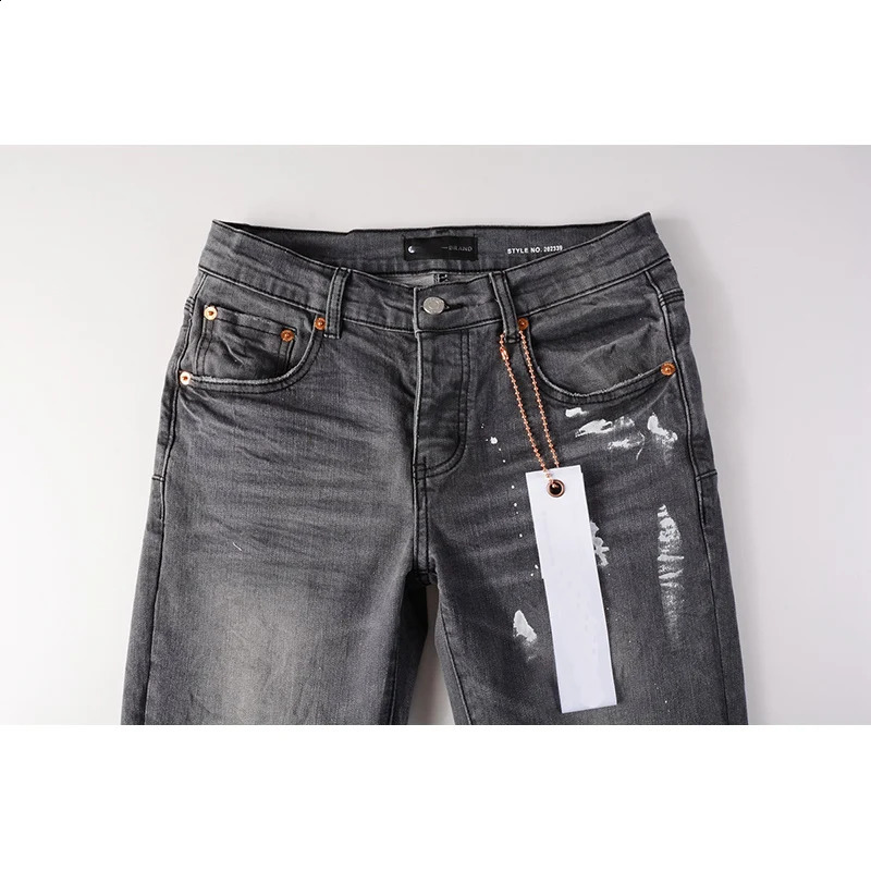 Summer Distressed Gray Streetwear Button Fly Ripped Holes Painted High Stretch Skinny Scratched Jeans Pants 240918