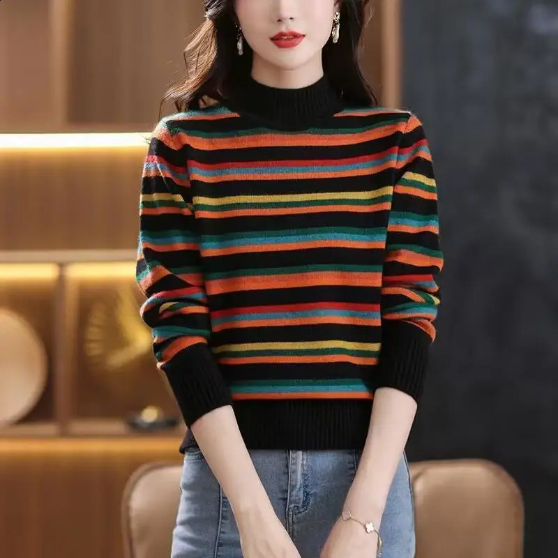 Lion Mountain Rainbow Winter Womens Half High Collar Long Sleeve Striped Sweater Colored and Velvet Fit Comfortable Top 240912