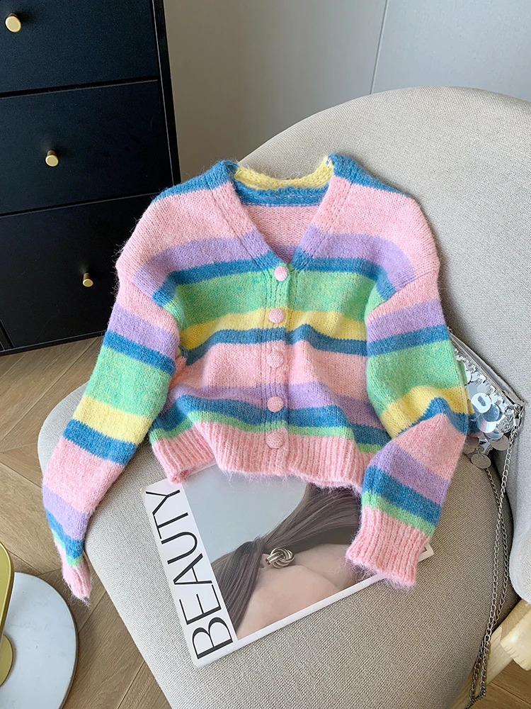 Rainbow Striped Chic V-Neck Knitted Cardigan Womens Long Sleeve Sweater Korean Fashion Short Coat Autumn Winter 240912