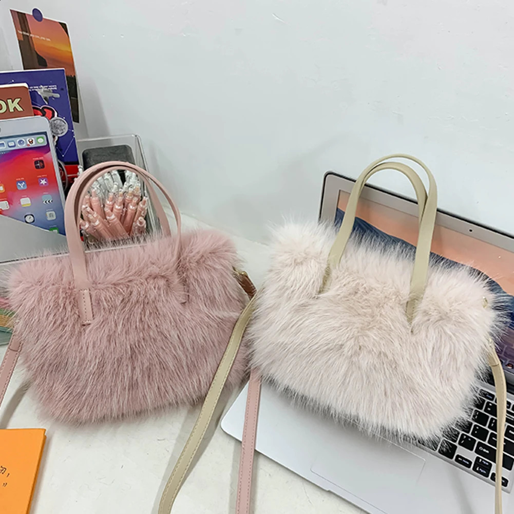 Faux Fur Top-Handle Bag Fluffy Women Crossbody Bags Solid Color Handbag Adjustable Strap Satchel Ladies Soft Shoulder Bag 240909