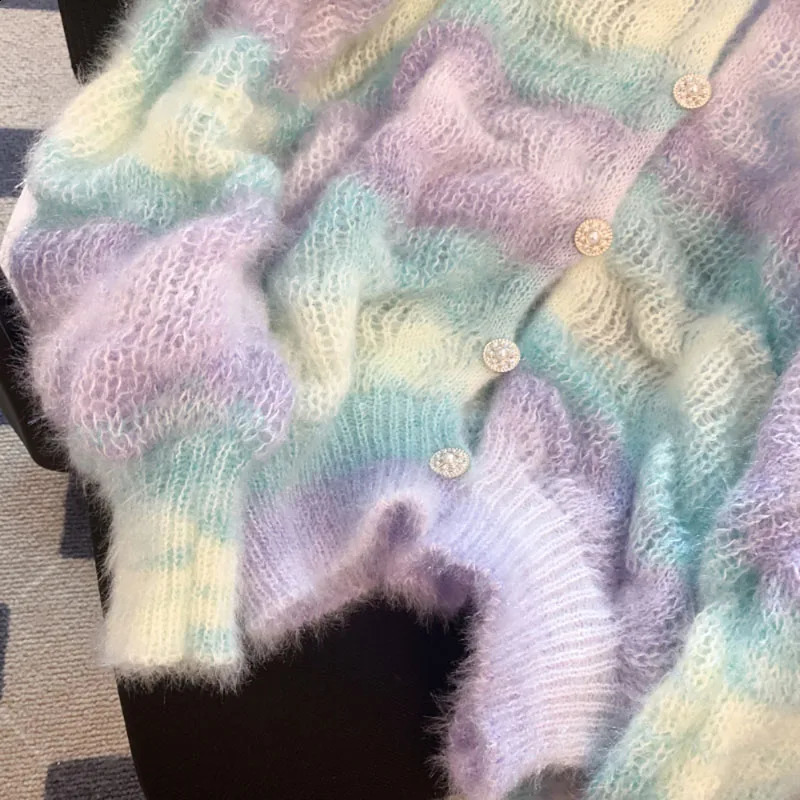 Soft Sweet Age-Reduce Rainbow Gradient Sweater Womens High-Grade Sense Autumn Gentle Wind Mohair Knit Cardigan Thicken 240912