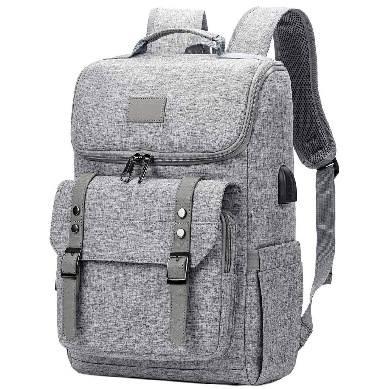 Vintage Travel with usb Charging Port for Women & Men College Backpack Fits 15.6 Inch Laptop Grey