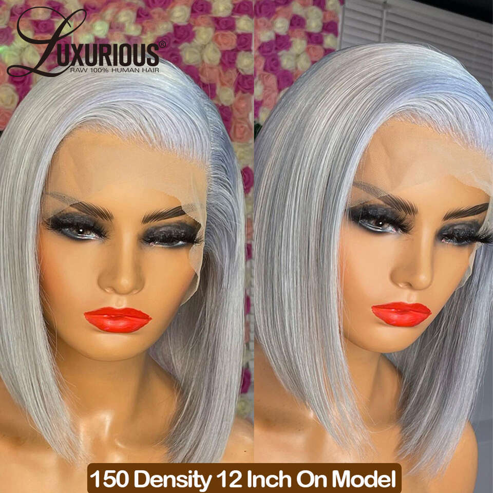 URIOUS Sliver Grey Short Bob Human Wigs For Women 13x4 Transparent Lace Frontal Straight Brazilian Remy Hair Wig