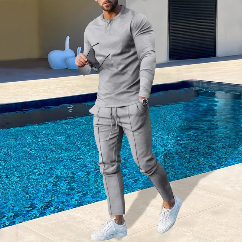 Autumn plus-size mens solid color Henry long sleeve pants suit trend 240918