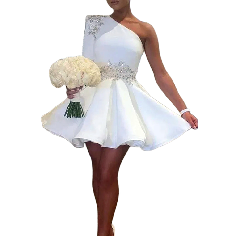 One Shoulder Short Simple Wedding Dress With Sequins Lace Appliques A Line Pleats Satin White Mini Garden Bridal Gowns