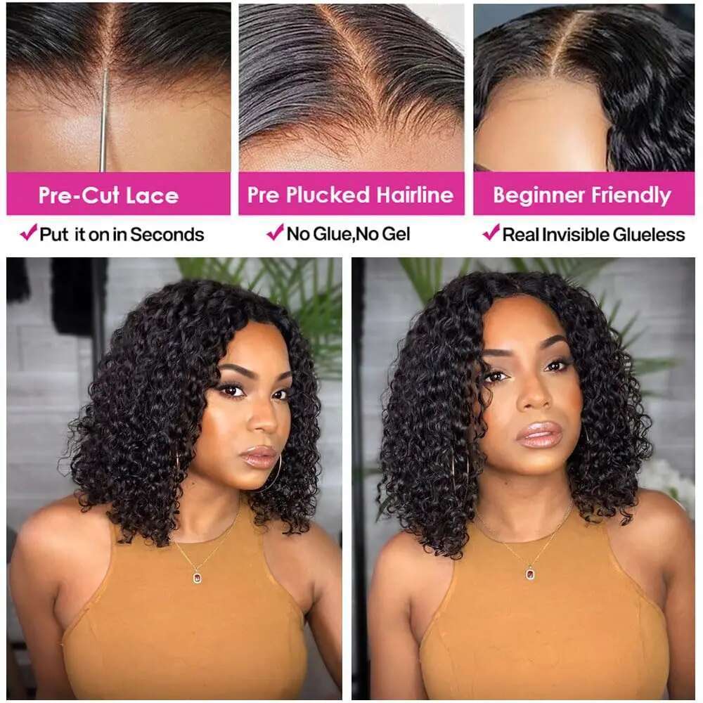 Glueless Kinky Bob Wig Human Ready To Wear Transprent 4x4 Lace Closure For Women Curly Wigs Peruvian Remy Hair