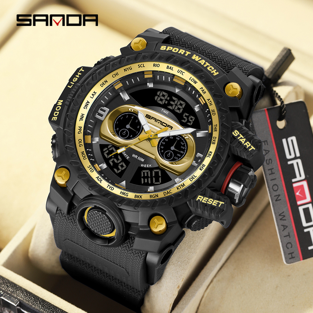 SANDA 3153 Men's Watch Sports Military Quartz Watch 50M Waterproof Dual Display Digital Watch, Suitable for Men's Relogio Masculino 12