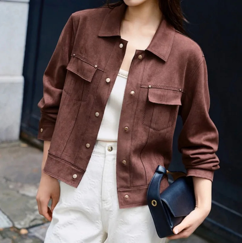 2024 Autumn Brown Jacket Women Spring Vintage Womens Suede Leather Jacket Windbreaker in Coat Streewear Women Clothes 240921